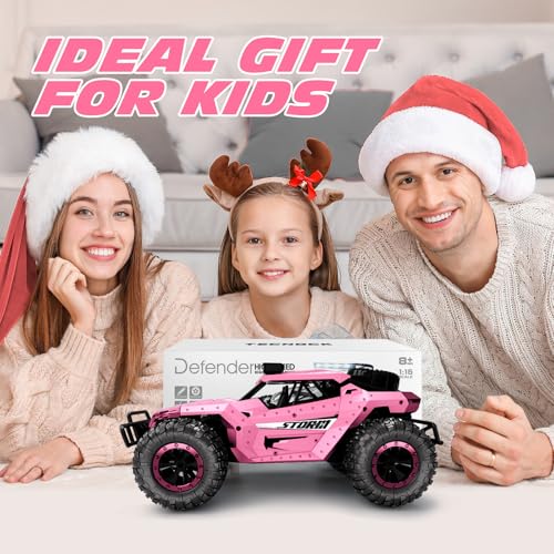 Tecnock Pink RC Car 1/16 Scale Remote Control Car for Girls, High Speed 20 Km/h All Terrains Rc Monster Truck with Two Rechargeable Batteries & Head Chassis Lights Gift Toy for Kids Adults - color: Pink