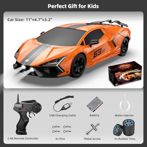 RC Drift Car 2.4GHz, Drifting RC Cars 1/24 4WD Drift Car Fast Remote Control Vehicle with LED Lights and Drifting Tires Racing Sport Toy Cars for Adults Boys Girls Kids - color: Orange+bk
