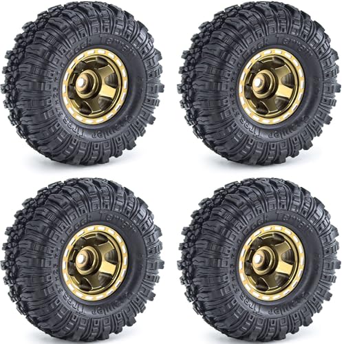 1.0 Beadlock Wheels and Tires Set 57 x 24 mm 1.0 inch Rubber Rock Crawler Tires & Alloy Blade Wheels For 1/18 1/24 Axial SCX24 TRX4M Gladiator Bronco C10 JLU Deadbolt RC Crawler Upgrade(Brown) - color: Brown
