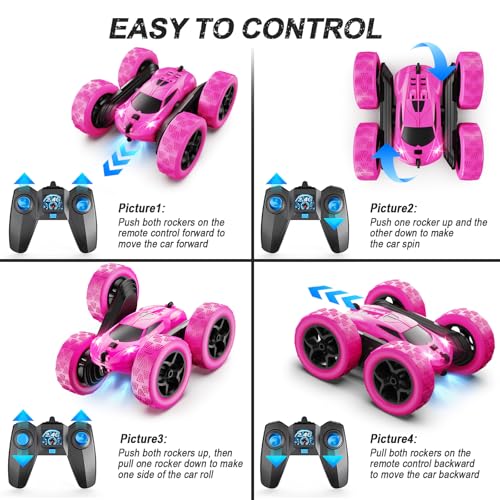 QUNREDA RC Cars, Rose Remote Control Car for Girls, 2.4 GHZ Double Sided RC Stunt Car 360° Rotating Remote Control Crawler with Headlights Car Toys for 6 7 8 9 10 11 12 Girls Birthday Gift - color: Rose