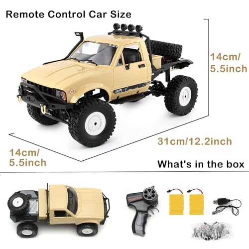 GoolRC RC Truck, WPL C14 RC Crawler 1/16 Scale Remote Control Car, 4WD All Terrain Off Road Semi Truck, 2.4GHz RC Climbing Car with LED Lights and 2 Batteries for Adults (Yellow) - color: Yellow