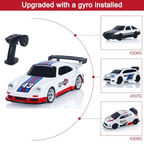 1/43 High Speed 2.4 GHz Mini RC Drift Car with 4 Wheel Drive Motor ESC Servo Motor Lighting Battery Charging Cable Gyroscope Hobby Grade Model for Birthday Gift - color: Blue, White and Red