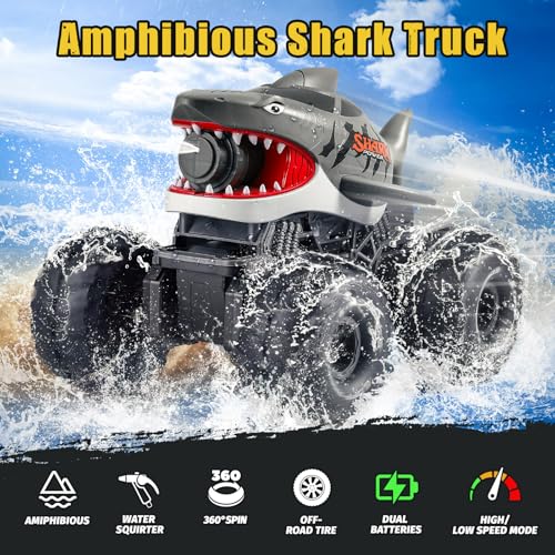 BOBXIN Amphibious Remote Control Shark Toy Monster Truck Grey | Squirt Water All-Terrain Off-Road Waterproof 4WD 2.4Ghz RC Boat Car Pool Water Toys for Kids Age 6+ - color: Grey