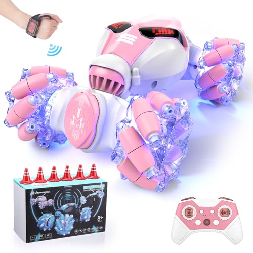 Gesture Sensing Rc Stunt Car with Light & Music, 2.4GH 4WD Hand Controlled Double Sided 360° Flips Off Road Transform Vehicle Truck with LED Eyes, Toy Gift for Kid Age 8+ Girls (Pink)
