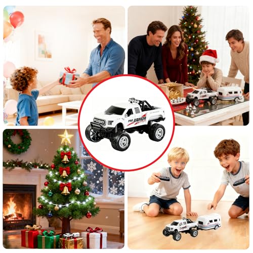 Mini RC Truck, 1/64 Scale Alloy Monster Truck Remote Control Car | 2.4GHz Control, LED Lights, 3-Speed Settings, Cruise Control,Adjustable Steering, Indoor Outdoor Toy for Kids Adults - color: White