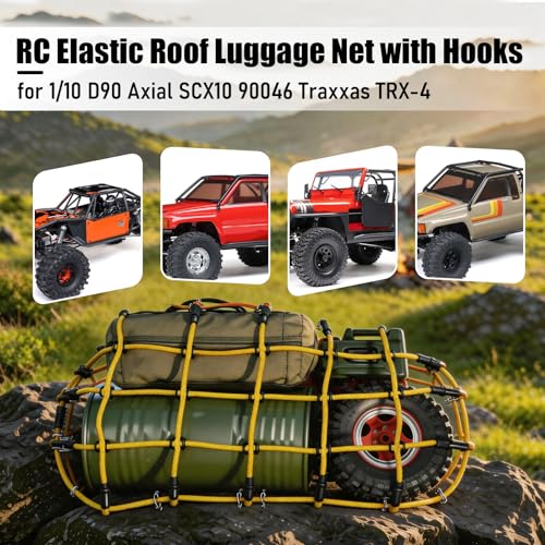 1/10 RC Elastic Cargo Net 19×12cm with Hooks, Scale Luggage Net for TRX4 | Compatible with TRX4 SCX10 D90 Axial 90046 1/10 RC Crawler Truck Accessories (Yellow) - color: Yellow