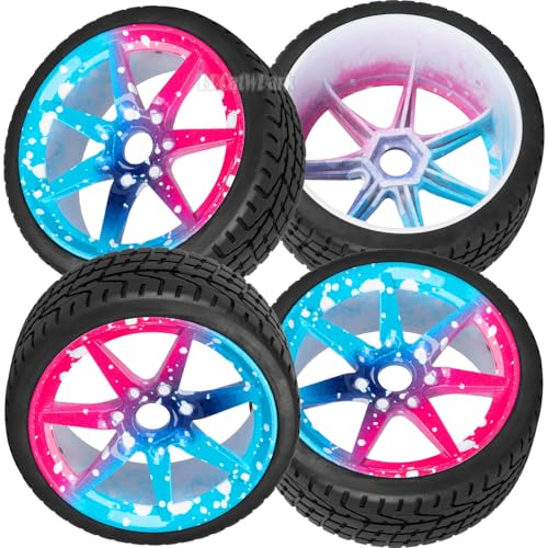 RC Highway Tires Wheel for 1/7 Infraction 6S BLX/Limitless,1/8 Typhon 6s BLX,7 Spokes Wheel Rim & Rubber Highway Tires RC Drift Tires,Blue Pink - color: Blue Pink - (4pcs Highway Tires)
