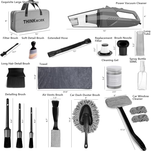 THINKWORK Car Cleaning Kit, Car Vacuum Kit, Gray Car Interior Detailing Kit with 8000PA High Power Vacuum, Including 7Pcs Detailing Brush Set and Bag - color: Gray