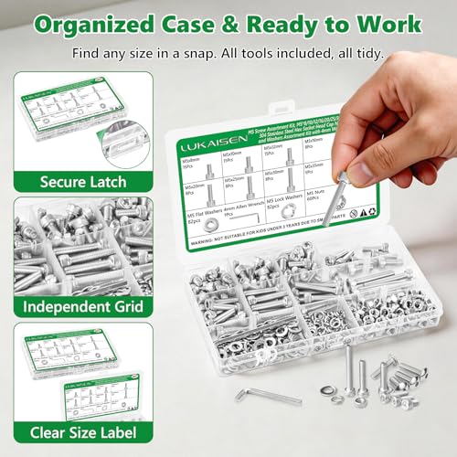 307 Pcs M5 Hex Socket Cap Screws Nuts Flat Washers Kit, 304 SS | with Flat & Spring Washers & Wrench, Heavy-Duty Metric Fasteners for Machinery & DIY, M5 x 8mm-35mm,Clear Label Storage Box - size: SS M5 307pcs 3