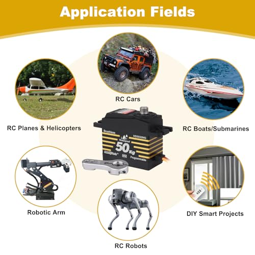 HobbyPark 50kg Servos Waterproof High Torque RC Steering Servo Brushless Motor Fast Speed Standard Size HV Stainless Steel Gears for 1/8 1/10 RC Crawler Car Truck Buggy Control Angle 180° Programmable
