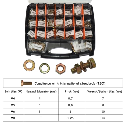 1008PCS Metric Bolt Assortment - Heavy Duty Grade 8.8 M4 M5 M6 M8 Metric Bolts and Nuts Assortment, Nut and Bolt Assortment Kit, Bolts and Nuts Kit (12-40mm), Yellow Zinc Plated, Corrosion Resistant