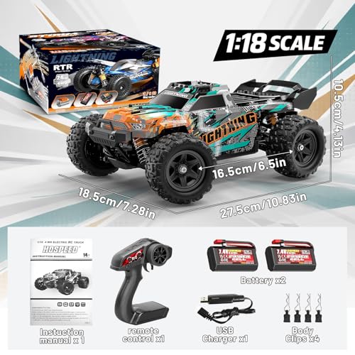 RC Cars 1:18 4WD High Speed Off-Road RC Truck 40 KM/H, Remote Control Car with Waterproof ESC, 2 Rechargeable 7.4V 1300mAh Batteries, Dual Body Shells, for Adults & Kids, Great Gifts for Outdoor Fun