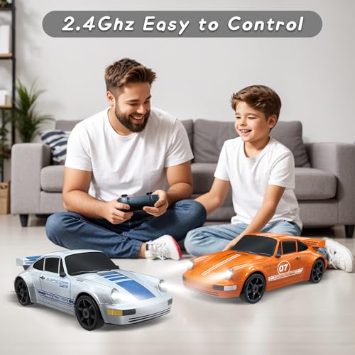 RC Drift Car, 2.4GHz Remote Control Car with LED Light, 1/24 4WD High Speed Drifting RC Cars with Two Rechargeable Batteries and Drift Tires, Toy Cars for Kids Adults, Silver - color: Silver