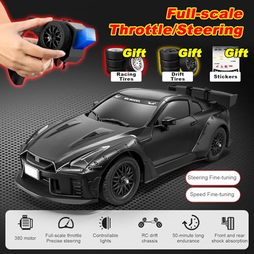 RC Drift Car, 1:16 Scales MN268 GTR Remote Control Drift Car with Gyro, LED Lights, Drifting Tires, 4WD 20 KM/H High Speed Drifting Vehicle Hobby RC Toys for Adults and Teens (2 Batteries)