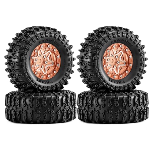1.3" Pre-Assembled Beadlock Wheels and Tires 64mm (2.52in) for SCX24 TRX4M 1/18 1/24 RC Crawlers – Aluminum Rims, Rubber Tires with Foam Inserts, Easy-Install Upgrade Parts (Gold) - color: Gold 311