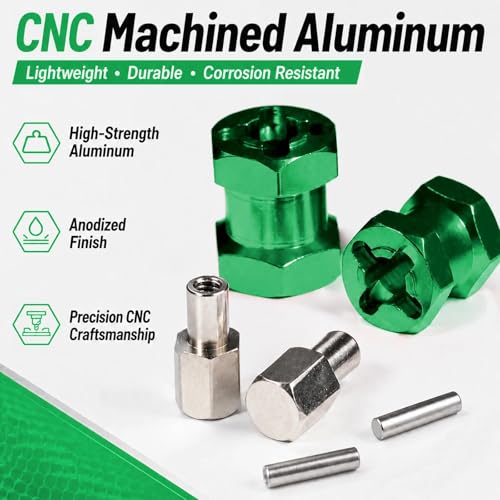 4PCS 12mm Hex Hub 15mm Aluminum Extension Hex for Axial SCX10 D90 90046 | 15mm CNC Wheel Hex Extenders for 1/10 RC Crawlers Redcat Gen7/Gen8 CC01 RC4WD Wider Stance & Tire Clearance with M4 Nuts Pins - color: Green