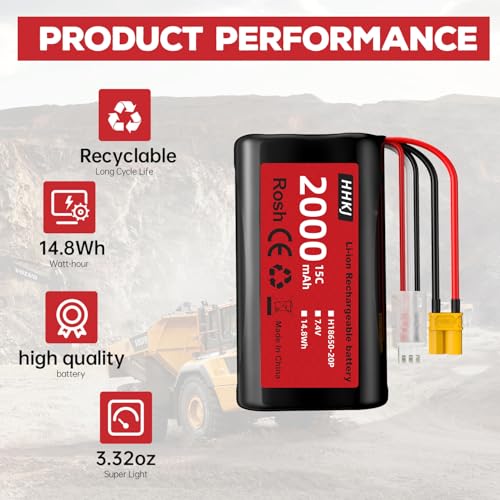 Li-ion Battery 7.4V 2000mAh with XT-30 Plug 2S Rechargeable RC Battery Suitable for 4WD High Speed RC Cars and Most 1/12, 1/16, 1/18 Scale RC Cars Trucks with 1 to 2 Charger