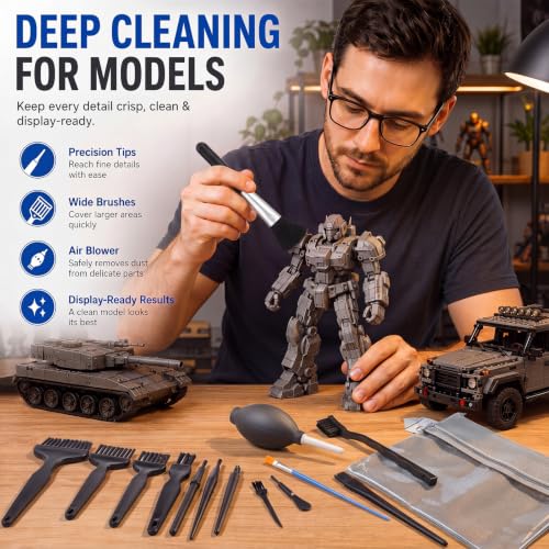 15 Pcs Anti Static Model Cleaning Brush Kit Dusting Tool Set with Air Blower and Double Layer Storage Bag Precision Dusting Tools for Models Figures, Electronics and Museum Artifacts Craft
