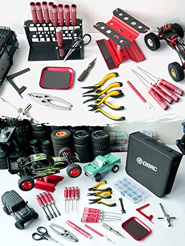RC Tool Kit, 1/10 1/8 RC Tool, RC Car Boat Helicopter Repair Tools - 27pcs | Include Screwdriver (Flat, Phillips, Hex), Work Stand, Screw, Pliers, Body Reamer, Wrench, Tray, Storage Rack (Red) - color: Red