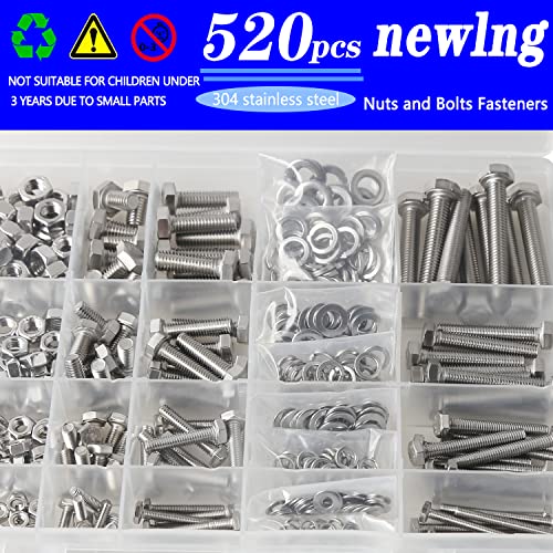 newlng M3 M4 M5 M6 Bolts and Nuts Flat and Lock Washers Assortment Kit 520 PCS Metric 304 Stainless Steel Hex Head Cap Screws Bolts and Nuts Assortment Set Fasteners Bolts Kit with Combination Box - size: F-M3456