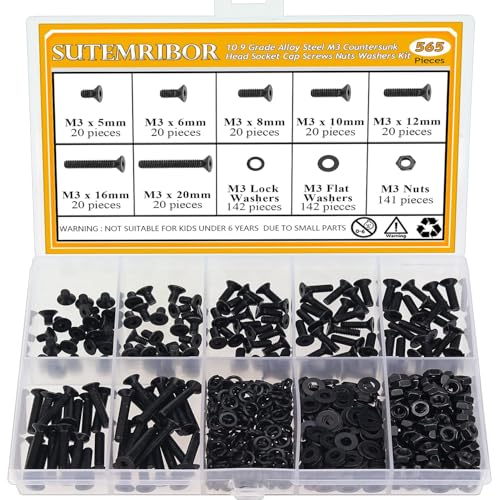 565 Pieces M3 Screws Nuts Washers Set Black, Sutemribor M3 x 5/6/8/10/12/16/20mm Countersunk Head Socket Cap Screws Nuts Washers Assortment Kit, 10.9 Grade Alloy Steel, Fully Threaded - size: M3, style: Countersunk Head Socket Cap