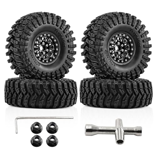 1.9" Beadlock Wheels and Tires 124mm (4.9in) for TRX4 SCX10 1/10 RC Crawler Upgrade Parts (Black, 4pcs) - color: Black