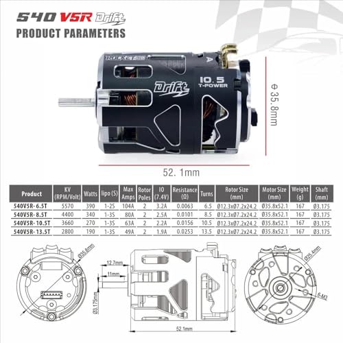 Rocket-RC 540 V5R Sensored Brushless Motor 6.5T 8.5T 10.5T 13.5T 17.5T 21.5T 25.5T for 1/10 1/12 Scale F1 Drift RC Racing Car (Black 10.5T Drift) - color: Black 10.5T Drift