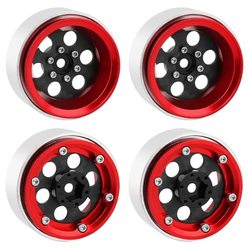 ModuWheel 1.3" Negative Offset Aluminum + Carbon Fiber Beadlock Wheels Rim for 1/24 1/18 AX24 SCX24 TRX4m Ascent18 RC Crawler,Round Pattern (red) - color: Red