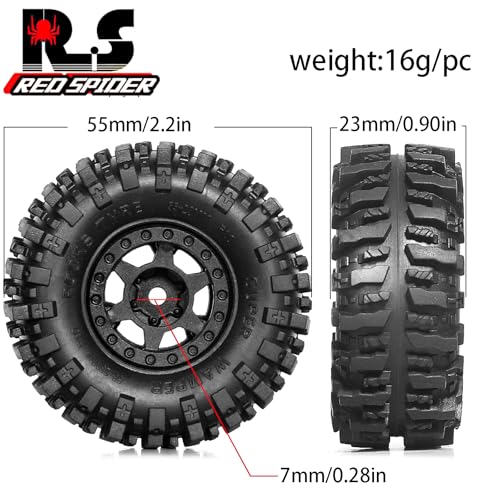 REDSPIDER 1.0 Beadlock Wheels and Tires Set(4pcs) 1.0 Crawler Tires 55 * 23mm Plastics 1.0 Wheel Lightweight Design 1/18 1/24 RC Crawler Tires for SCX24 TRX4M FMS FCX24 FCX18 AX24 (at Tires)