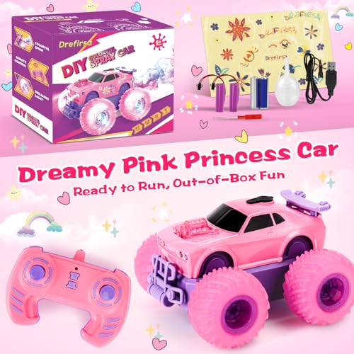 Drefirsa Princess Remote Control Car, Pink Monster Truck Girl Age 4-7 8-12 | DIY Sticker, Colorful Wheel Lights, Headlight, Stunt Car, Mist Spray, Toy for 3 4 5 6 7 8 Year Old Girl Birthday Gift - color: Pink