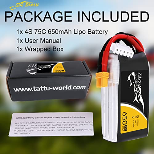 Tattu 650mAh 4S1P 75C 14.8V Lipo Battery with XT30 Plug - size: 1 Pcs