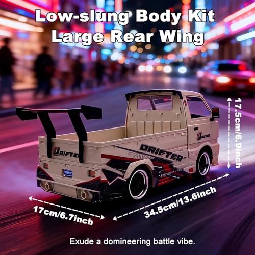 GoolRC WPL D-14S RC Kei Truck, 1:10 Scale Brushless RC Drift Car, 25KM/H High Speed Remote Control Car, 2.4GHz 4WD Proportional Throttle Steering Off Road Truck with LED Lights, 2 Batteries for Adults