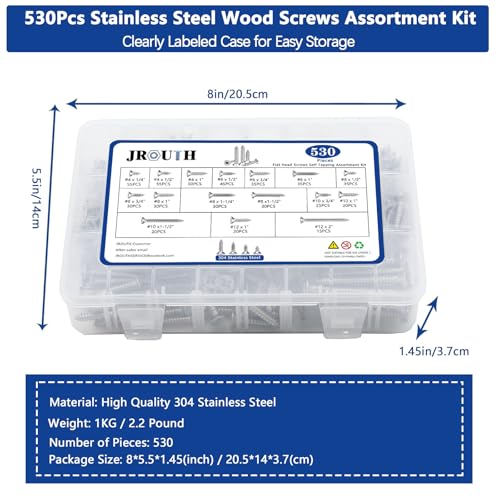 530Pcs Stainless Steel Wood Screws Set #4#6#8#10#12 Phillips Flat Head Sheet Metal Screw Self Tapping Screws Assortment Kit, Length 1/4" to 2" - color: Flat Head - 304 Stainless Steel - 530pcs