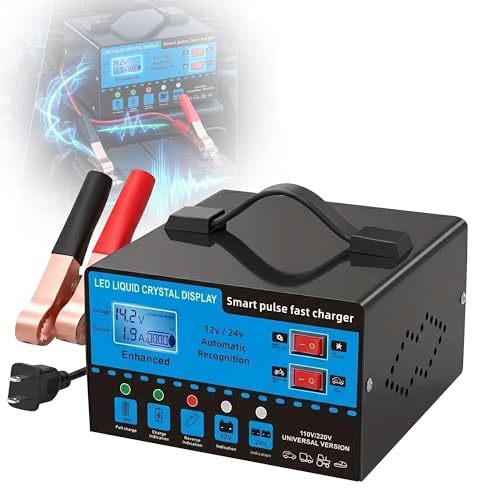 12V/24V Smart Car Battery Charger with LCD Display, Automatic Battery Maintainer & Trickle Charger, Temperature Compensation, Overcharge Protection for Cars, Trucks, SUVs & Motorcycles