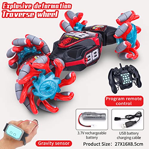 GoolRC Gesture Sensing RC Stunt Car, 4WD 2.4GHz Remote Control Car, Transformer Toy Cars with LED Lights, Double Sided Driving, 360?Rotating and Explosive Wheel for Adults (Red) - color: Red