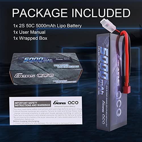 Gens ace 2S 7.4V 5000mAh 50C LiPo Battery Pack HardCase with T Plug for RC Car