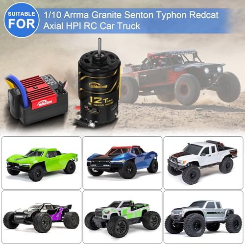 550 12T Brushed Motor and 60A Waterproof Brushed ESC Electronic Speed Controller for Axial RC4WD Cross HPI Mist GMADE D90 D110 TF2 SCX10 1/10 Remote Control Car Truck (Red) - color: Red