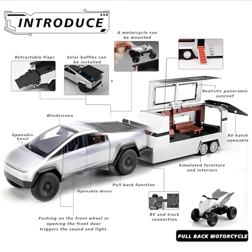 Cyber Style Truck Alloy Diecast Toys with Metal Trailer and Motorcycle Pull Back Pickup Model with Sound and Light Effect Race Car for Kid Adult Age for 3 Year Old and Up - color: Silver With Trailer