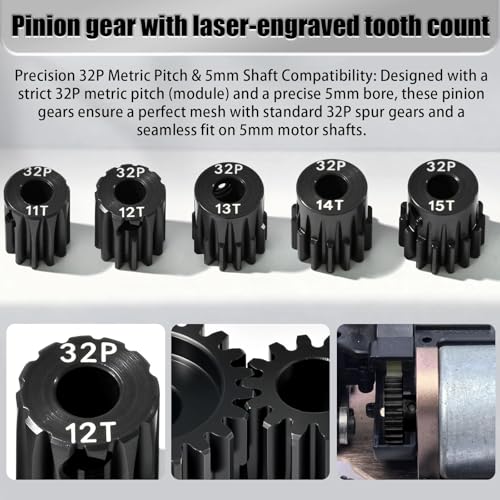 5Pcs 32P Hardened Steel Pinion Gear Set 5mm Shaft 11T 12T 13T 14T 15T Motor Pinion Gear with M4 Screw and Hex Key, for Arrma HPI Kyosho Losi Axial Traxxas Tamiya 1/10 RC Car and 540/550 Motors - size: 32P-HSP-5mm-11-15T