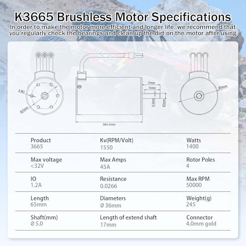 Surpass 3665 1550kv brushless Motor 4 Pole high Torque Ip67 Waterproof Motor for 1/10 Off-Road Short Car Big feet RC Car Accessories - size: 1550kv