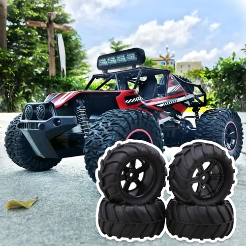 lovermusic 4PCS 1/16 RC Crawler Truck Off Roader Rubber Tires and Rims, 3.35x1.65inch Rock Climbing Tires