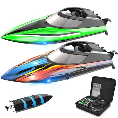 BEZGAR 2 Pack 12 Inch 30 KPH Fast RC Boats with LED Lights & Case | 30 KPH Speed remote control boats; 8-Shaped Stunt Mode; LED Lights & Storage Case; Waterproof Boats for Pools & Lakes - color: Green