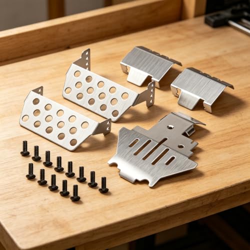5Pcs Chassis Armor Protector Plate, RC Chassis Protector Armors Parts, Silver Chassis Skid Plate Set with Screws, Stainless Steel RC Skid Plates Replacement for 82056-4