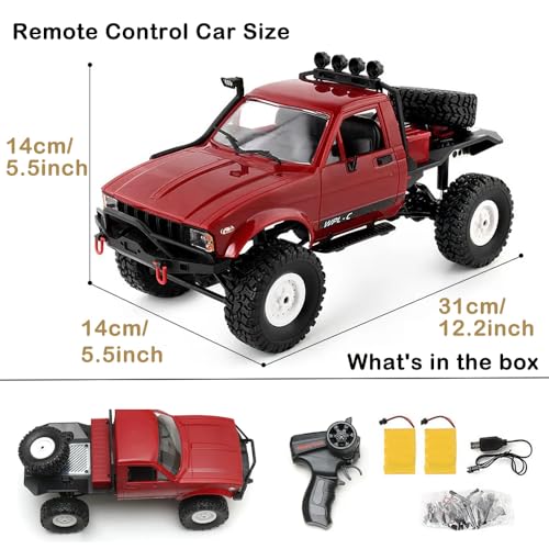 GoolRC RC Truck, WPL C14 RC Crawler 1/16 Scale Remote Control Car, 4WD All Terrain Off Road Semi Truck, 2.4GHz RC Climbing Car with LED Lights and 2 Batteries for Adults (Red) - color: Red