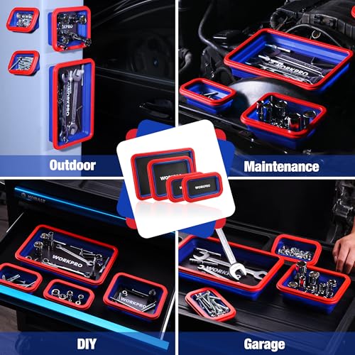 WORKPRO 4PC Collapsible Magnetic Parts Tray Set, Double-Sided Magnet Bowl for Screws, Nuts, Pins, Foldable Bolt Tray for Garage, Maintenance, Silicone Mechanic Tools Gift for Man, 11 Inch & 6.3 Inch