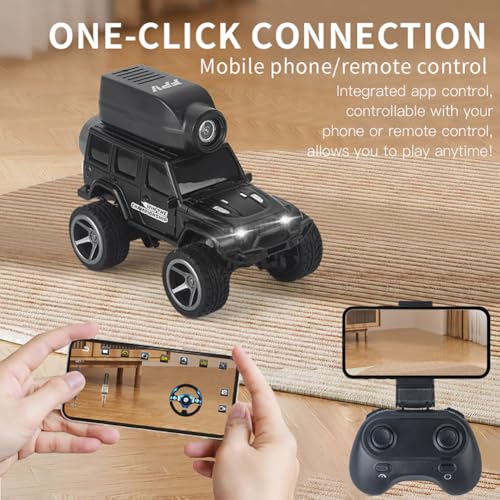 KF32 1:64 RC Mini Climbing Alloy Video Car with APP Control and Radio Remote Control HD Camera FPV Cars (Black) - color: Black