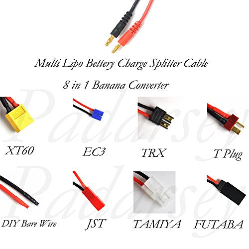 RC Lipo Battery Charger Adapter Connector Splitter Cable, 8 in 1 Octopus Convert Wire to 4.0mm Banana Plug for TRX, Tamiya, EC3, JST, Futaba, XT60, T- Dean