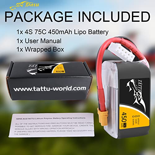 TATTU 14.8V 450mAh 75C 4S LiPo Battery Pack with XT30 Plug for Multirotor FPV 150 Size