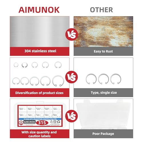Internal Snap Ring Kit, Metric E-Clip Assortment 315Pcs for Shaft Size M8 M10 M12 M14 M16 M18 M20 | 304 Stainless Steel Retaining Circlips for Grooved Shafts & Studs | AIMUNOK - size: 315pcs-Internal ring (304SS)