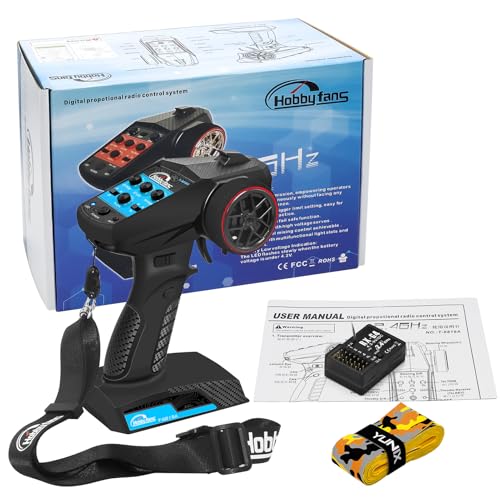RC Radio System 4CH 2.4G RC Transmitter with Receiver and Lanyard & Sweat Absorbed Non-Slip Band Anti-Jamming Remote Controller for 1/10 1/12 1/14 1/16 1/18 1/24 RC Car Crawler Boat, Blue - color: Blue, W/ Orange Band